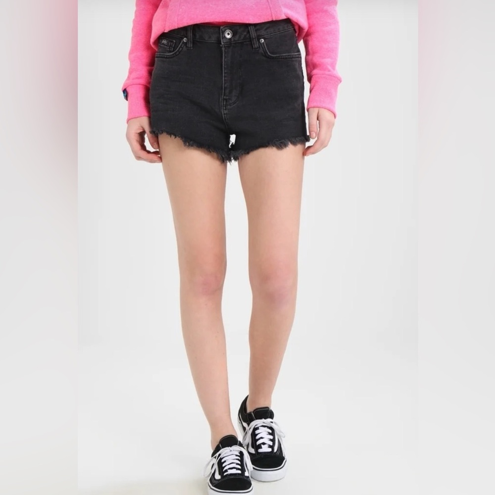Superdry Black Button Fly Denim Jean Raw Edge Fringe Hot Shorty Shorts 30 EUC